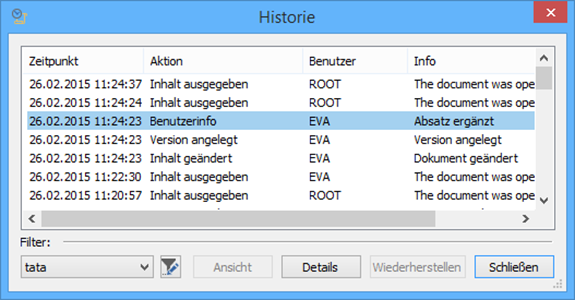 Historie von Dokumenten - Benutzerinfo